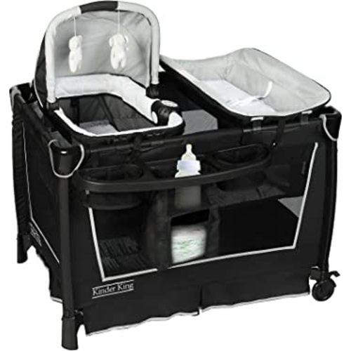 Kinder King 5 in 1 Portable Nursery Center, Foldable Playard for Baby & Toddler, Infant Pack n Play w/Bassinet, Mattress, Newborn Changing Table, Cradle, Travel Bag, Music Box, Storage Basket, Black