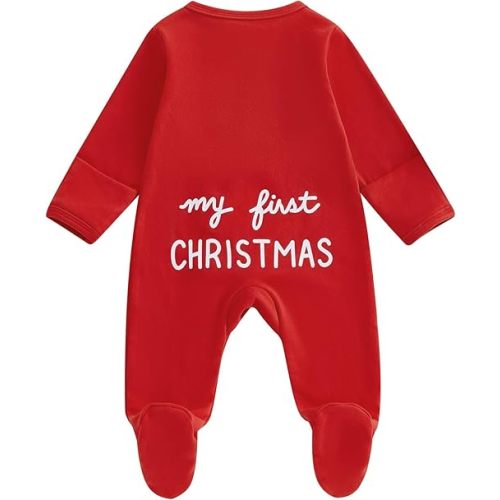 Lamuusaa Newborn Baby Girl Boy Christmas Outfit My First Christmas Footie Romper Zipper Bodysuit Jumpsuit Fall Winter Clothes