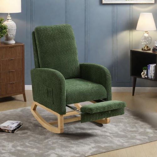 Boucle Rocking Chair with Retractable Footrest and Side Pockets