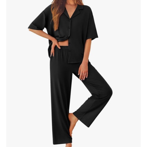 Ekouaer Women Pajamas Set Button Down Sleepwear Short Sleeve Pjs Soft Comfy Nightwear with Long Pants S-XXL