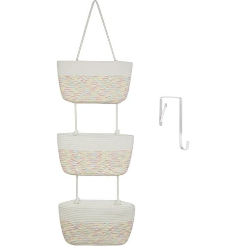 TeoKJ Over the Door Hanging Basket, 3-Tier Woven Cotton Wall-Mounted Storage Organizer Bag Decorative Hanging Nursery Baskets, White & Rainbow Stitching
