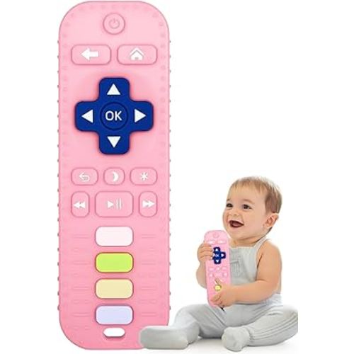 Fu Store Silicone Teething Toys for 0-12 Months 3-24 Months Infant Toddlers Remote Control Shape Teethers for Babies Chew Toys Relief Soothe Babies Gums Set Dishwasher and Refrigerator Safe Pink