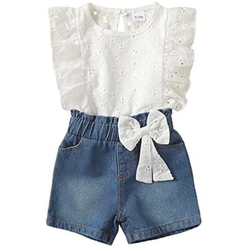 Baby Girl Clothes Toddler Girl Summer Outfit Ruffle Short Sleeve Lace Shirt Blue Jean Shorts Set Toddler Clothes Summer