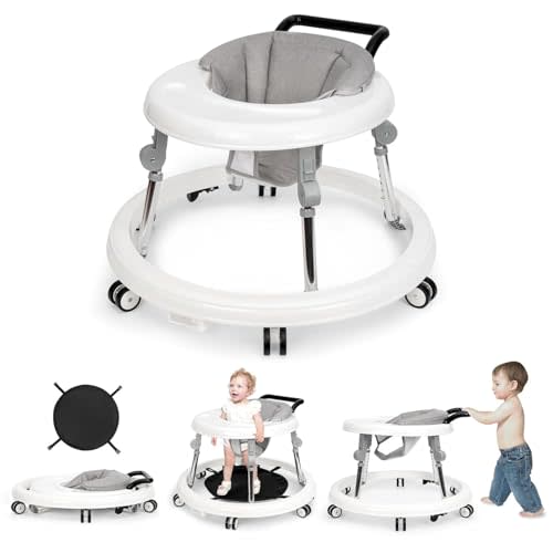 Wismind Baby Walker Foldable with 9 Adjustable Heights, Baby Walkers and Activity Center for Boys Girls Babies 7-18 Months, Baby Walker and Bouncer Combo with Wheels Portable Anti-Rollover