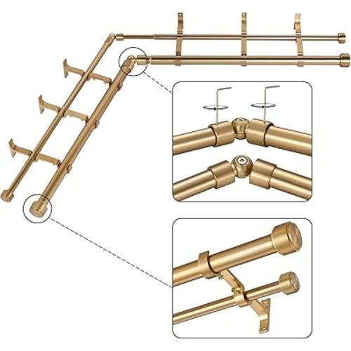 Warm Gold Double Corner Window Curtain Rods with Aluminum End Cap Finials and Brackets,1 Inch Diameter Dual Bay Window Curtain Rods, Adjustable 2 Sided 32-86 Inch Double Drapery Rod