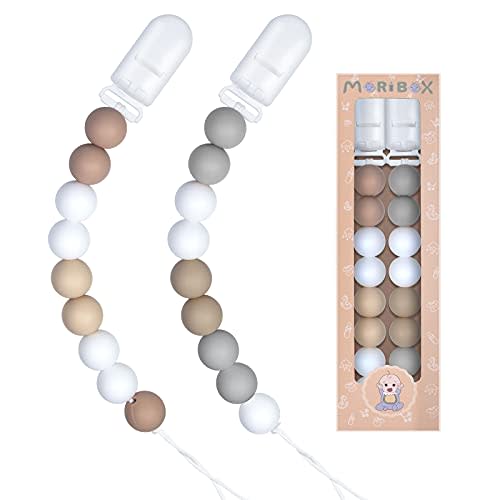 Pacifier Clip for Boys and Girls - MORIBOX Silicone Beads Paci Clip Teething Relief Teethers Toys Soothie Chewbeads Baby Binky Holder for Shower Gift Christmas 2 Pack (Paci Clip Ivory-White)