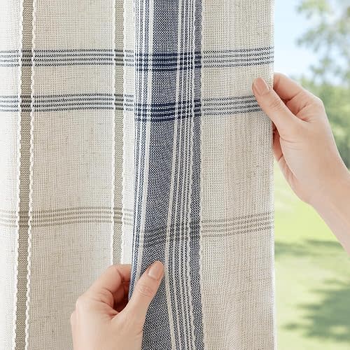 DriftAway 100% Blackout Plaid Linen Chenille Curtains 84 Inches Navy