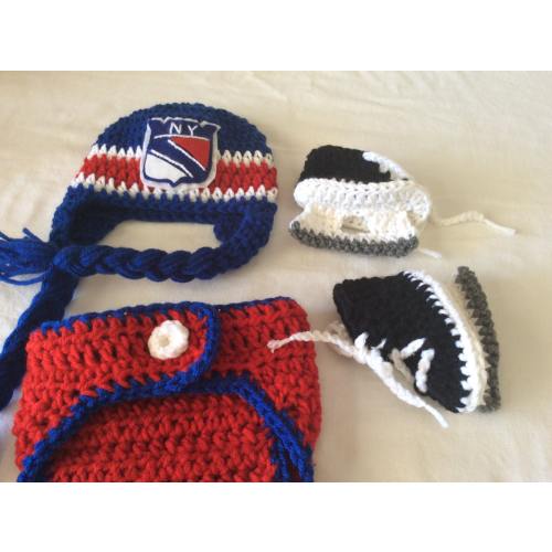 New York Rangers Baby Crochet Hockey Earflap Hat, Diaper Cover, and Skate Booties. FREE SHIPPING