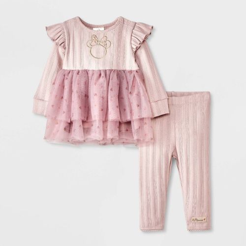 Baby Girls' Disney Minnie Mouse 2pc Long Sleeve Dress And Leggings Bottom Set - Pink 18m