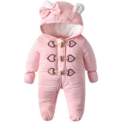 Baby Winter Snowsuit Warm Hooded Coat Onesie Romper Jumpsuit with Footed Gloves for Boys Girls 3-24 Months