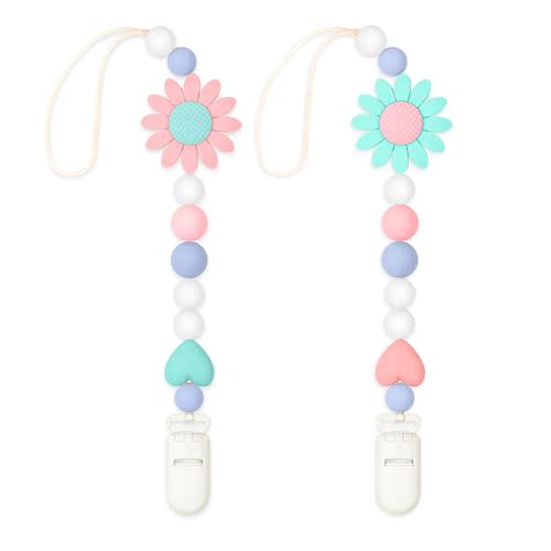 LSTRAGY Silicone Pacifier Clip, 2 Pack Pacifier Holder for Boys and Girls, Adorable Sunflower Pacifier Clips Fits for Most Pacifier, Baby Teethers, Baby Shower and Baby Gift(Pink&Green)