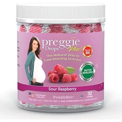 Preggie Pop Drops Plus with Vitamin B6 for Pregnancy Nausea Relief, Morning Sickness Candy with Essential Oils for Pregnant Women – Natural Raspberry, 32 Count