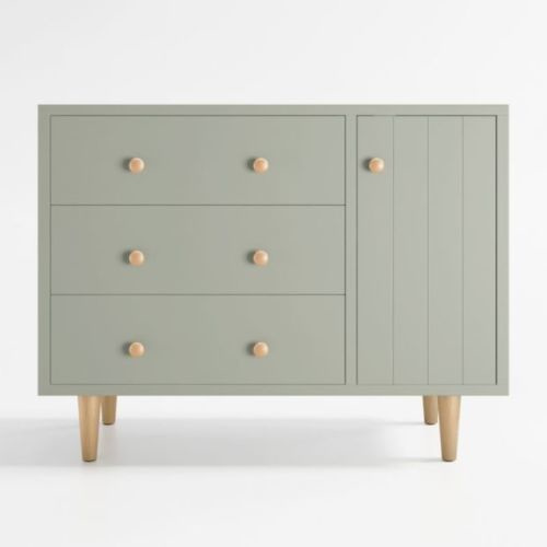 Crate & Kids Finn Wide Sage Green Wood 3-Drawer Kids Dresser with Door