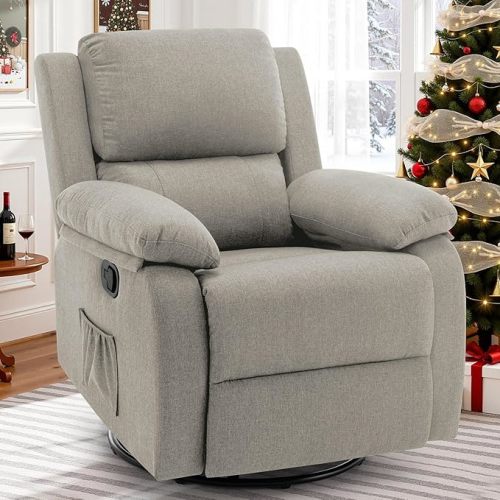 Recliner Chair, 360 Swivel Rocker Chair for Adults, Small Rocking Recliner for Small Spaces, Upholstered Fabric Glider Recliner Nursery (Swivel Rocker Recliner, Light Khaki)