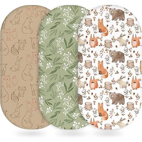 Unnivoll Baby Bassinet Sheets Girl Boy, Fitted Bassinet Sheet Set 3 Pack Bassinet Mattress Sheets Universal Fit for Rectangle, Round, Oval, Hourglass Mattress, Soft Breathable Green & Brown Fox