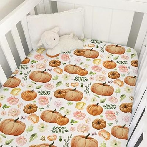 Vintage Fall Pumpkins Boho Floral Baby Crib Fitted Sheet 52''x28'' Thanksgiving Pumpkins Snug Fitted Crib Mattress Sheet for Boy Girl Nursery Bed Sheet for Standard Crib and Toddler Mattress
