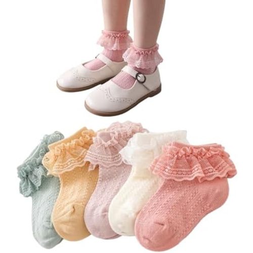 3/5 Pairs Baby Girl Socks Infant Toddler Ruffle Eyelet Lace Socks Seamless Princess Frilly Knit Sock for Kids