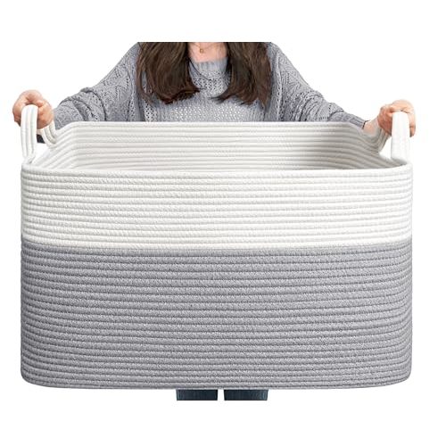 Goodpick Toy Basket, Large Basket Blanket Storage for Living Room, Baskets for Gifts Empty, Nursery Laundry Basket for Dirty Clothes Pillows Towel, 21.6" x 14.9" x 11.8", White & Grey