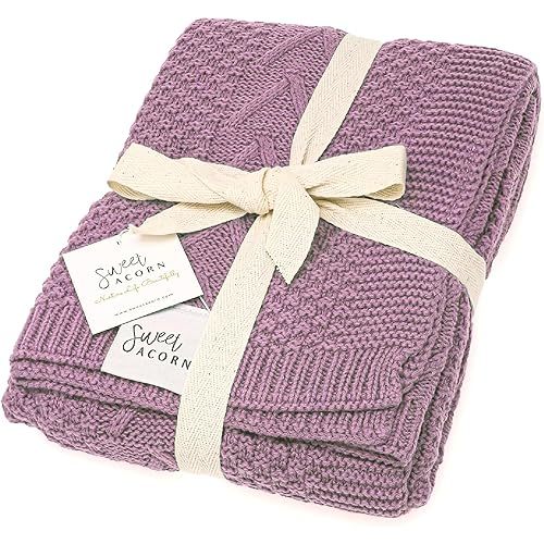Knit Baby Blanket in Cable Pattern, Organic Cotton Blankets for Crib or Stroller, Receiving Blankets - Lilac Purple