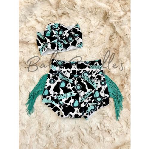 Turquoise Cowgirl and Cow Print Fringe Bummies and Matching Bow Set / Western Baby Girl Clothing / Birthday Rodeo Pictures Outfit Ideas