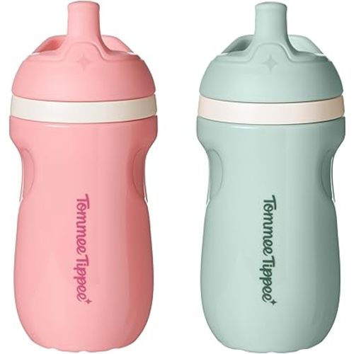 Tommee Tippee Insulated 9oz Sporty Spout Toddler Water Bottle, No Spill Sippy Cups for Toddlers 1-3, Two-Piece Valve Helps Stop Spills, BPA Free, Pink and Mint, Pack of 2
