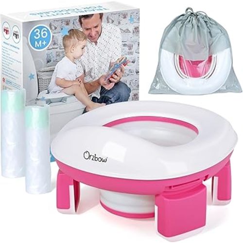 Orzbow Portable Potty for Toddler Kids Travel Potty Training Toilet Seat with Storage Bag- Foldable Potty Chair with 40pcs Travel Bags, Detachable Carry Baby Potty with Splash Guard for Toddlers(Pink)