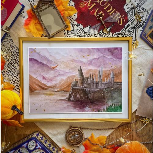 Wizard Magic World Print A5 Postcard - Sunset Magic school Castle with fenix and gold