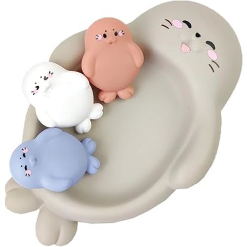 Seal Family Bath Adventure Set, 1 Mother Seal and 3 Baby Seals, Soft Vinyl Material, One-Piece No Hole Design (Seal)