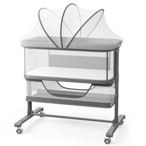 Kinder King Portable Baby Bassinet with Wheels, All-Mesh Bedside Sleeper, Newborn Crib with Removable Mattress, Dark Gray