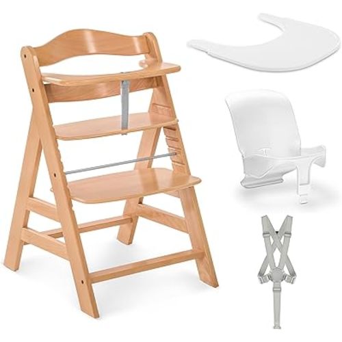 hauck Adjustable Wooden High Chair for Babies and Toddlers - Includes Baby Insert, Tray & Safety Harness - Grows with Child up to 198 lbs - Natural
