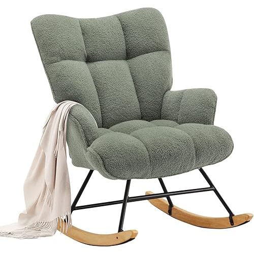Zedachica Rocking Chair Nursery Teddy Rocking Accent Chair Upholstered Glider Rocker Armchair Comfy Side Chair Padded Seat with High Back for Living Room Bedroom Offices (Green Teddy)