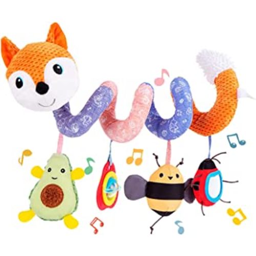 Koty Car Seat Toys, Infant Baby Spiral Plush Activity Hanging Toy for Stroller Bar Pram Crib with Music Box BB Squeaker & Rattles(Orange Fox)