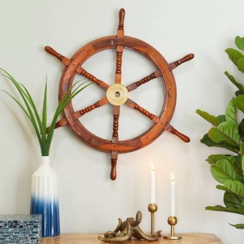 30" X 30" Wood Sail Boat Ship Wheel Wall Decor With Gold Hardware Brown - Olivia & May: Coastal Style, Vertical Carving