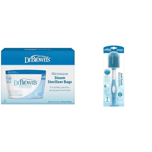 Dr. Brown's 960 Microwave Steam Sterilizer Bags & Soft Touch Bottle Brush, Blue