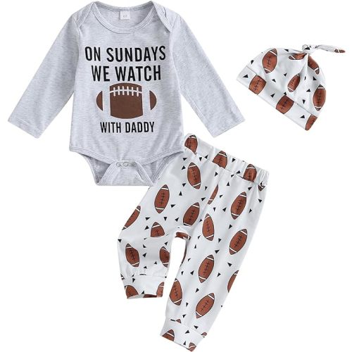 BULINGNA Newborn Baby Boy Football Season Outfit Letters Print Bodysuit Football Pants with Hat Coming Home Outfit - 3-6 Months - Gray
