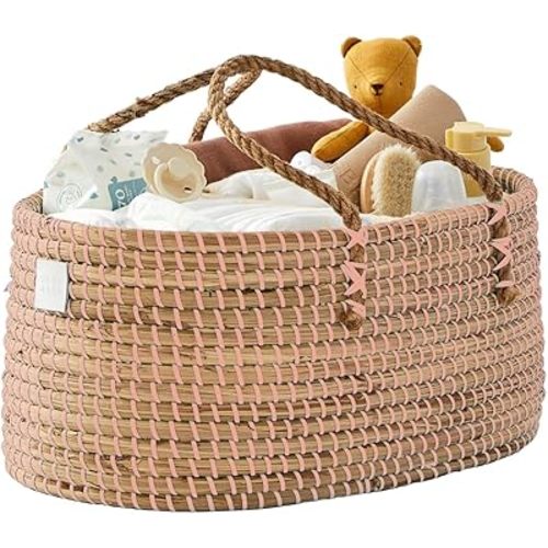Premium Pink Baby Diaper Caddy Organizer -Handmade - Seagrass Basket With Cotton Divider - Award-Winning & Luxury Pink Diaper Caddy Basket - (Blush)