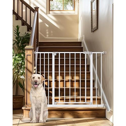 InnoTruth Baby Gate for Stairs 28.9-42.1" Wide, 30" Tall Easy Step Walk Through Expandable Dual Lock Dog Gates for The House, Metal Pressure Mounted Easy Install Pet Gate for Dogs, White