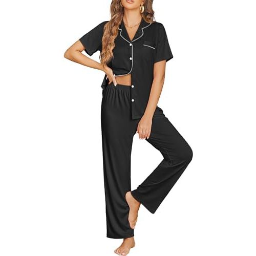 Ekouaer Womens Pajama Sets Button Down Pjs 2 Piece Short Sleeve Sleepwear with Pants Soft Loungewear