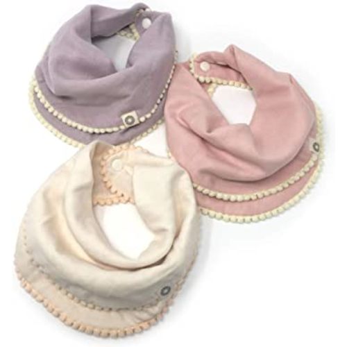 Kishu Baby Indi Girls Pom Pom Bibs - Luxuriously Soft, 100% Organic Cotton Muslin Exclusive of Trim - Fairtrade & GOTS Certified Organic Drool Bib with Snaps (Peach, Ivory, Lavender)