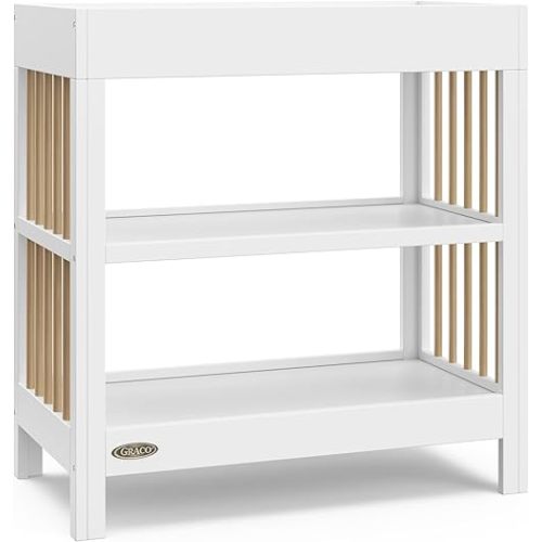 Graco Teddi Changing Table with Water-Resistant Changing Pad (White with Driftwood) - GREENGUARD Gold Certified, Includes Bonus Water-Resistant Changing Pad with Safety Strap, 2 Shelves, Easy-to-Match