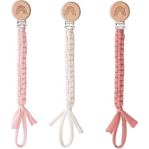 Pacifier Clip for Boys Girls Pacifier Holder Leash Boho Rainbow Wooden Clips Handmade Braided Cotton Unisex Baby Shower Birthday Gift Christmas Gift