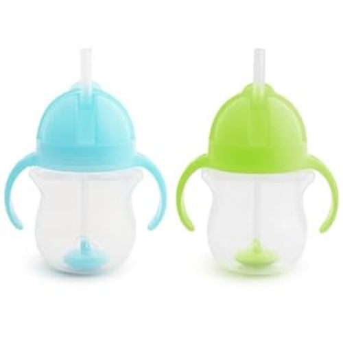 Munchkin Any Angle Sippy Cup for Toddlers, Weighted Straw Trainer Cup with Click Lock Lid, 7 Ounce, 2 Pack, Blue/Green