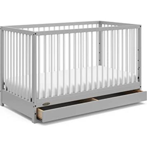 Graco Teddi 5-in-1 Convertible Crib with Drawer (Pebble Gray with White) – GREENGUARD Gold Certified, Crib with Drawer Combo, Full-Size Nursery Storage Drawer, Converts to Toddler Bed