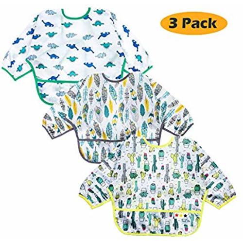 Baby Bibs Long Sleeved 6-24 Months - Waterproof Bibs for Babies - Unisex 3-Pack Full Coverage Apron Bib Smock Toddler bibs with Pocket - Washable, Stain and Odor Resistant(Cactus, Dinosaur, Feather)