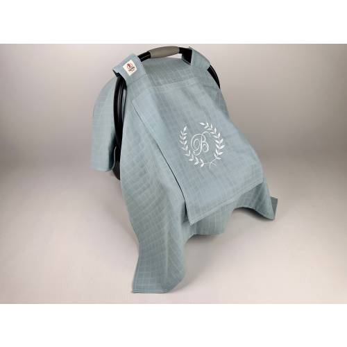 Car Seat Canopy Cover Baby Girl and Boy Mint Muslin Gauze with Peekaboo Mesh Window, Personalized Carseat Cover, Baby Shower Gift