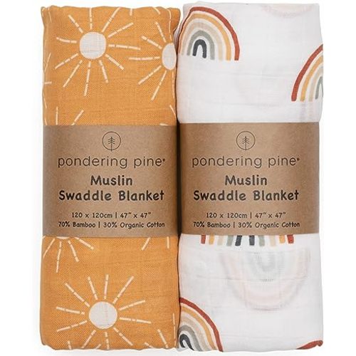 Organic Baby Muslin Swaddle Blankets for Boy or Girl - Sun and Rainbow Swaddling Blanket 2 Pack - Soft Muslin, XLarge and Breathable, Boho Baby, 47" X 47"