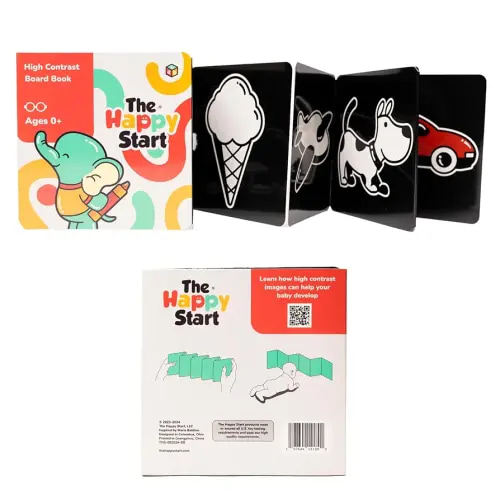 Happy Start High Contrast Board Book: Easy to Clean - Hospital Approved - Stands on Its Own - Tummy Time Toys - Black and White High Contrast Baby Toys - Ages 0+ (English)