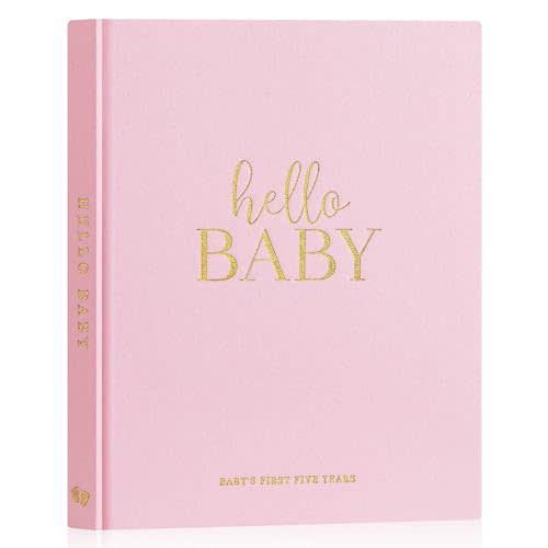 Lanpn Hello Baby First 5 Year Memory Book for Boy Girl - Linen Hardcover Baby Book Keepsake for New Parents - Newborn Baby Journal Scrapbook Photo Album Baby Milestone Book (Pink, 154 Pages)