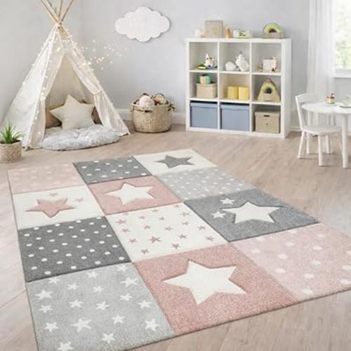 Paco Home Kids Rug for Nursery Checkered with Dots & Stars in Pink White Grey, Size: 3'11" x 5'7"
