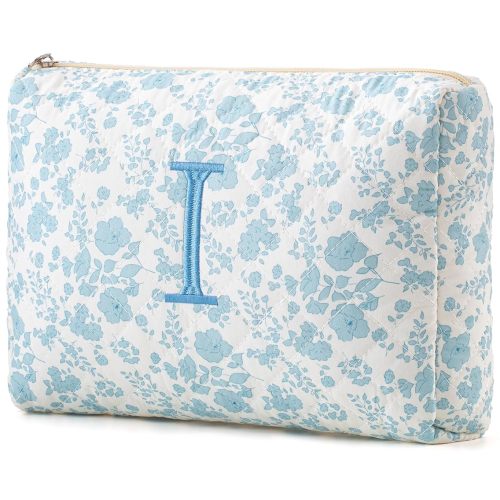 HBselect Initial Makeup Bag, Quilted Makeup Bag, Cotton Large Travel Makeup Bag, Cute Floral Coquette Make up Bag Cosmetic Bag Toiletry Bag for Women Girls I